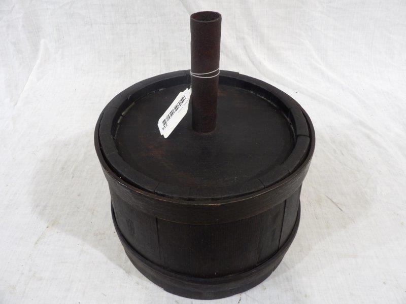 Primitive Shaker wooden barrel funnel: With dovetailed wood-staved bands. Comes from the Charles Daugherty collection Shreve, Ohio. 12 1/2 in diameter 14 inches long with funnel stem.
