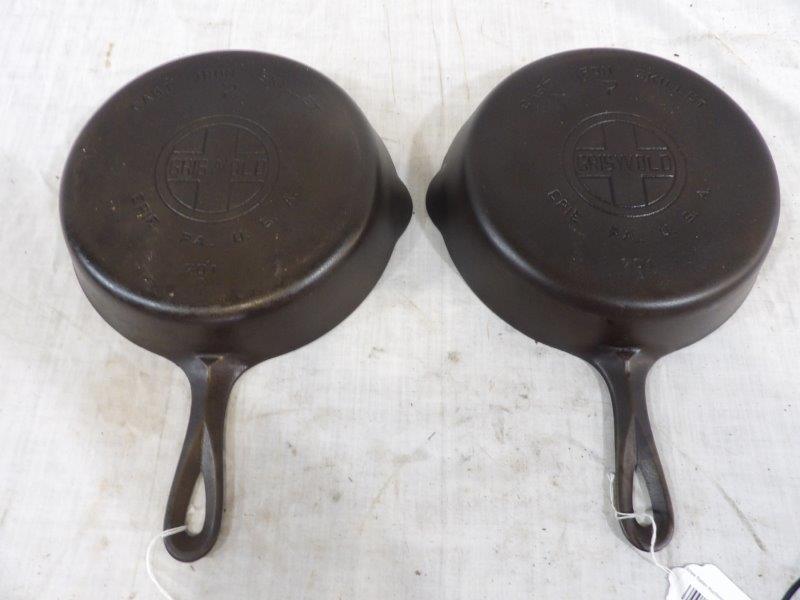 2- Griswold #7 cast iron skillets: Both have large block logos and are in great condition!