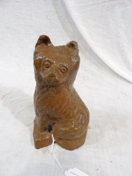 Early sewer tile dog: Has areas of heavy chipping along bottom and minor chipping on the ears. 11 in tall.
