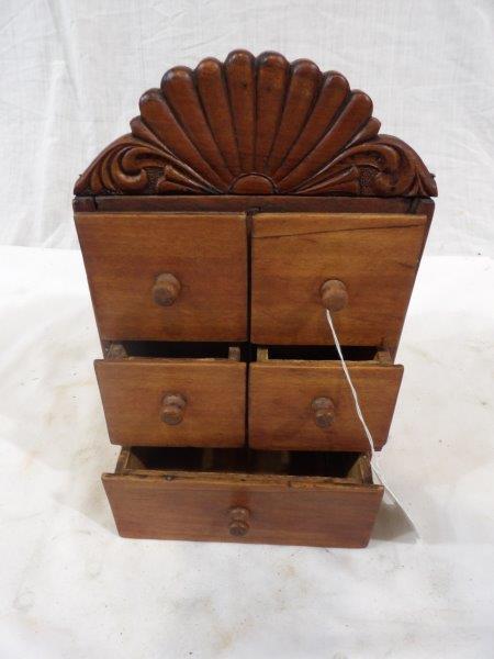 Small hanging apothecary cabinet: Two drawers have cracked tops that were repaired. 6 3/4 in wide 3 3/4 in deep 10 1/2 in tall to top of Marquee.