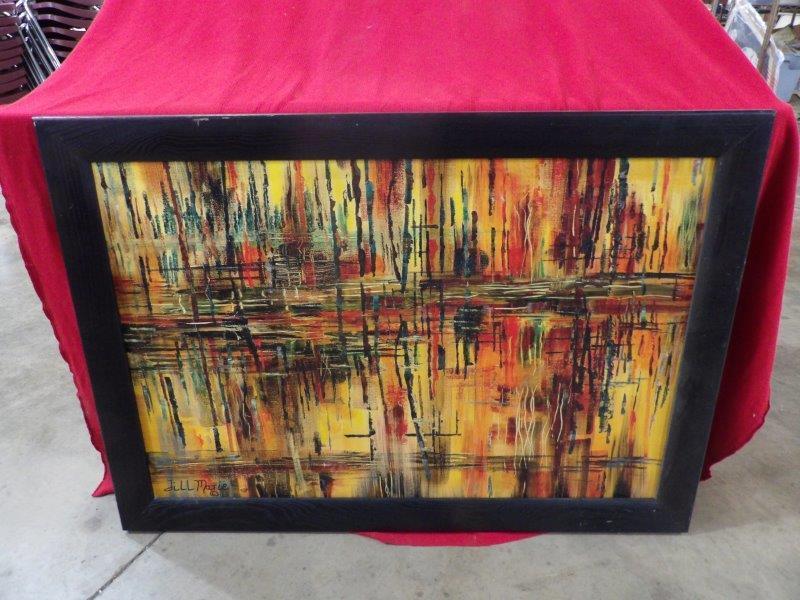 Fire and Water brushstroke painting by Jill Marie: Great brushstroke painting titled Fire and Water with Vivid colors!! Has a few areas of minor crackling in paint but overall displays well, and is signed by Jill Marie. 28 1/2 in x 40 1/2 in.
