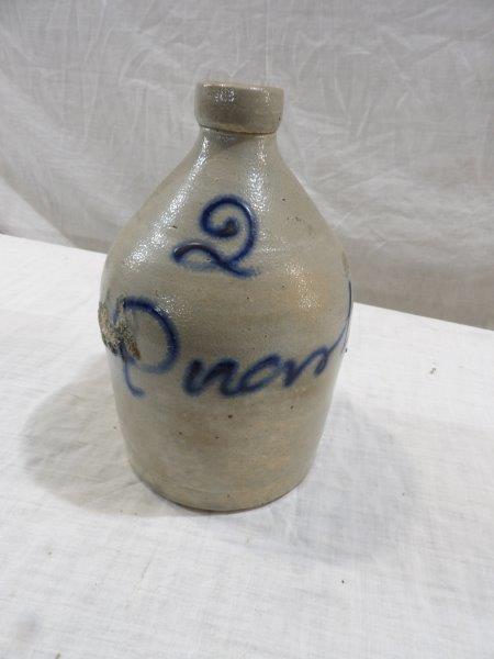 Small Saltglazed Crock Jug: Small jug marked with a #2 and the owners name. Approx. 9.5inches tall. No visible chips or cracks.