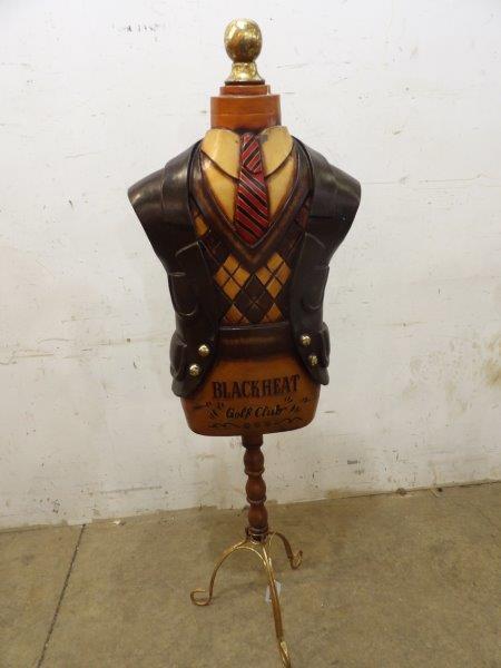 Valet Black Heat Golf Club hat mannequin: Top is painted plastic or acrylic composite of some kind with wooden pedestal on wrought iron base. Approximately 61 in tall.