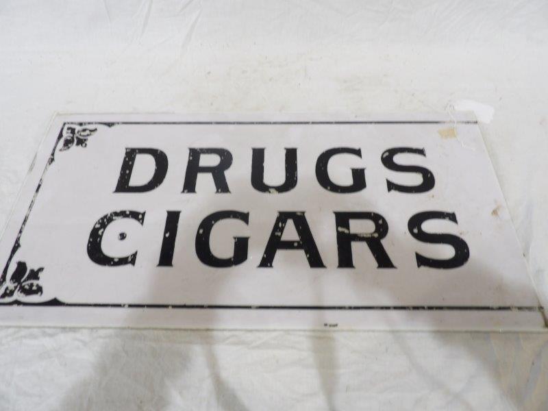 Early Country Store milk glass Drugs - Cigar sign