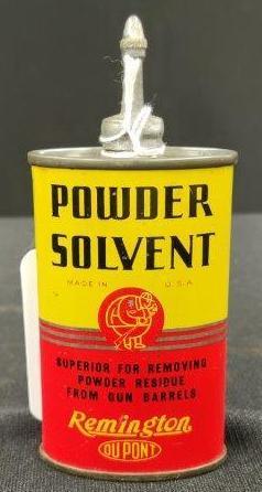 Remington Powder Solvent Oiler: 3 oz. Lead top, fat man gun logo. near mint