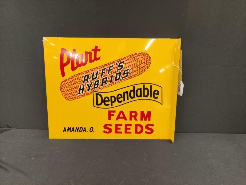 Ruffs Corn Flange Sign: NOS, D.S.T. Still has wax paper on 1 side, Scioto Kenton Maker, Amanda, O. 23 x 18