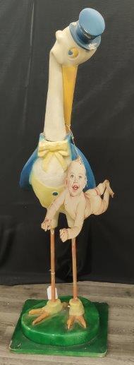Paper Mache Stork: Stork with a cardboard baby, 50 in tall