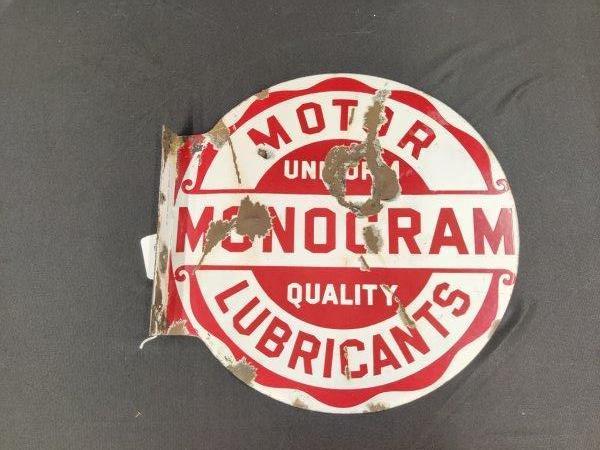 Monogram Oil Flange Sign: D.S.P. Has wear and chips, Maker marked. 18 in round.