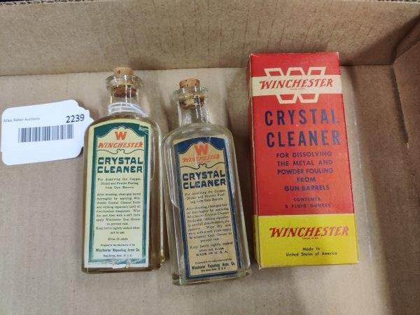 3 Winchester Pieces: 2 glass bottles and box. all excellent condition.
