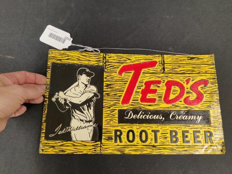 Tin Teds Rootbeer Embossed Sign: S.S.T. green back, Desperate sign co.