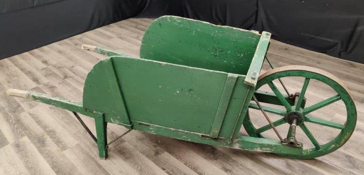 Primitive Green Painted Wooden Wheel Barrow (1 of 3)
