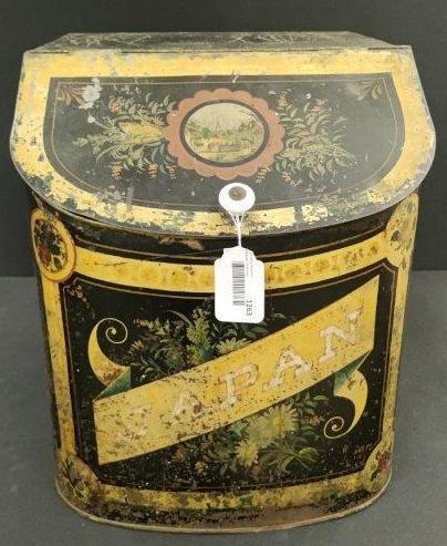 Japanese Tea Tin: Made by: Norton Bros. Chicago, good paint village scene with horses. 18 x 18 x 15