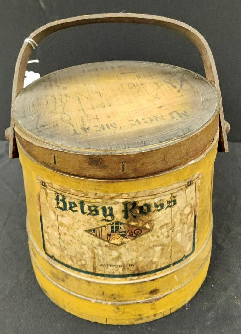 Mustard Yellow Firkin Bucket: Betsy Ross paper label, Nunce meat stamped on top. 9 3/4 x 9 1/2.