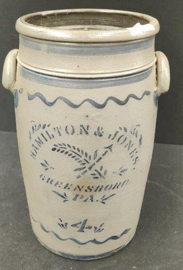 4 Gallon Hamilton Jones Churn: Hairline on inside, Nice Piece.