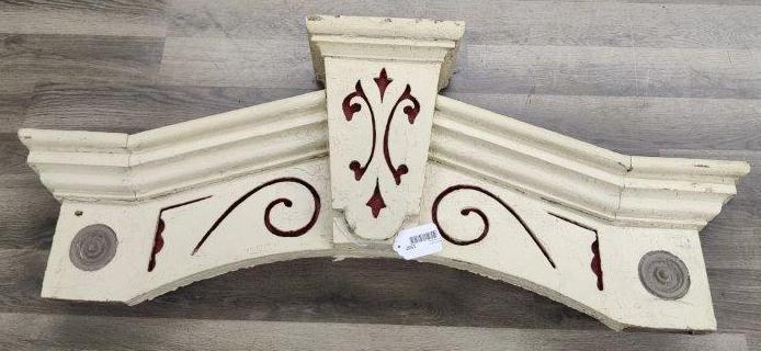 Arched Wooden Door Topper: Early wood painted architectural piece, 44 inch wide.