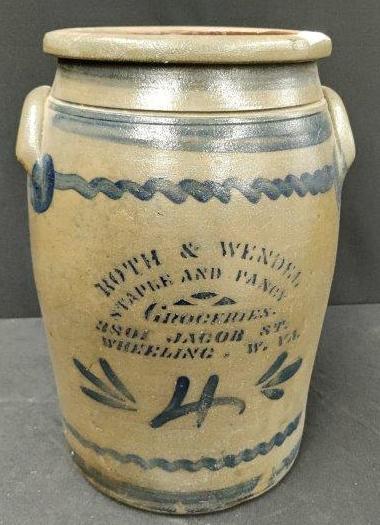 Roth Wendel Merchant Crock: 4 gallon, Wheeling WV, uncommon crock in great condition.