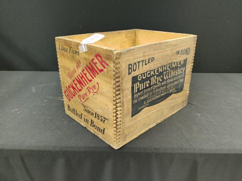 Guckenheimer Whiskey dovetailed box: Great graphics!! 12 in x 16 1/2 in x 12 in.