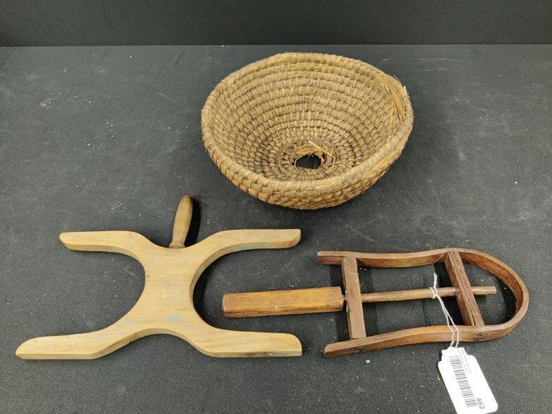 Early basket and 2 primitive string winders (1 of 4)