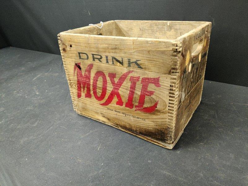 Wooden Moxie beverage dovetailed box: Nice graphics! 11 1/4 in x 15 in x 11 1/2 in.