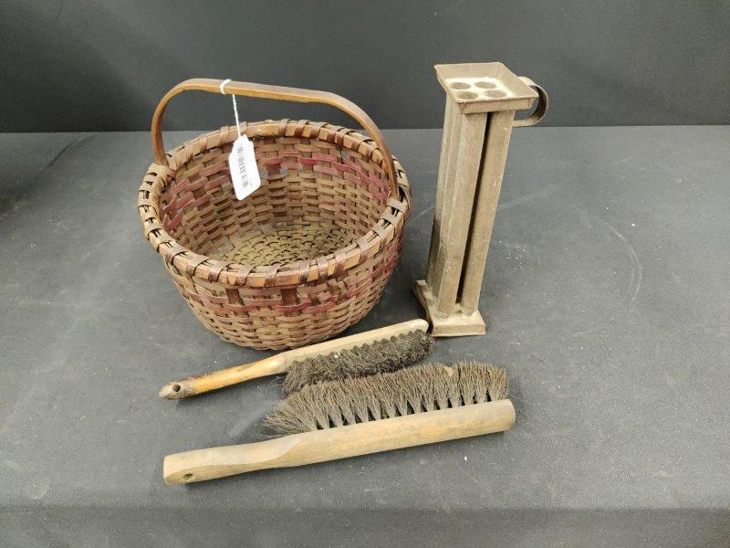 Split bow basket, candle mold and 2 Old brushes (1 of 4)
