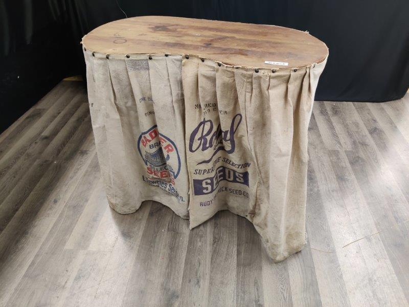 Primitive Hall table with feed-sack skirting (1 of 5)