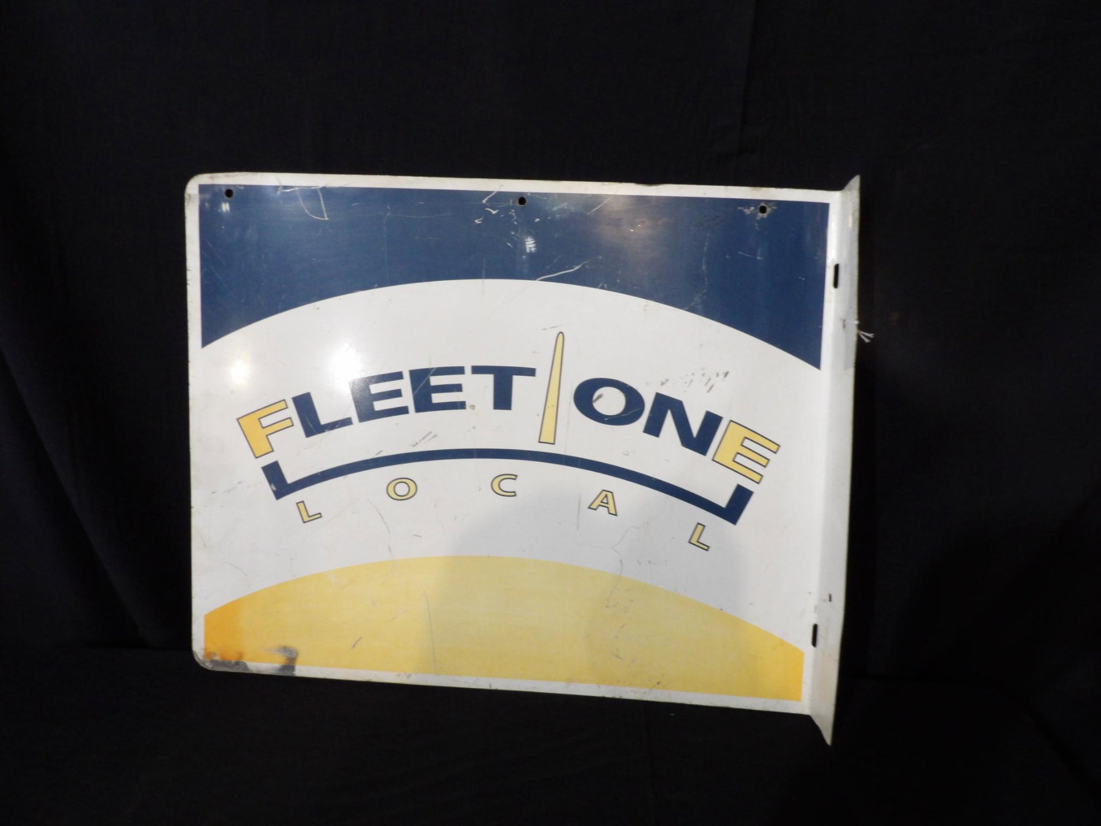 DS Alum Fleet One flange sign: With fading and scuffing. 16 in x 20 in.