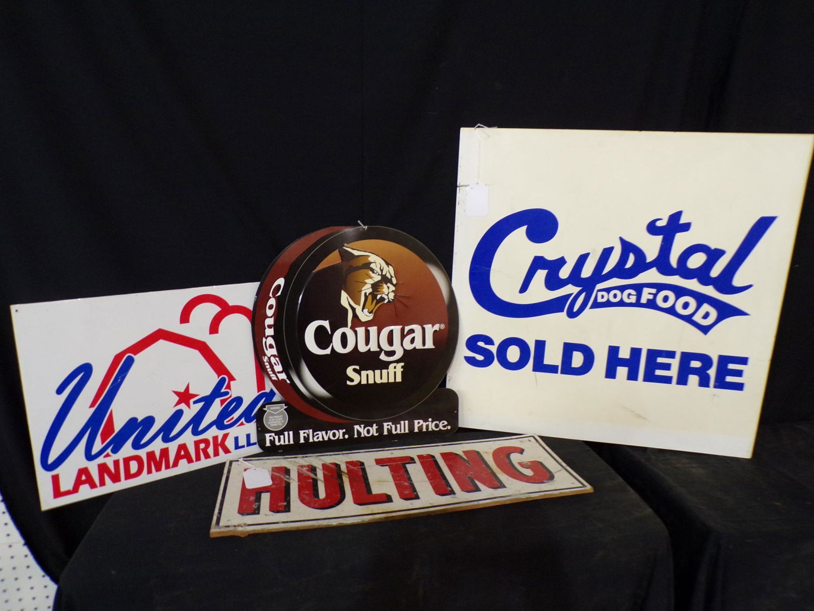 LOT OF 4 MISC. SIGNS-HULTING, CRYSTAL DOG FOOD, COUGER SNUFF, UNITED LANDMARK LLC (1 of 9)
