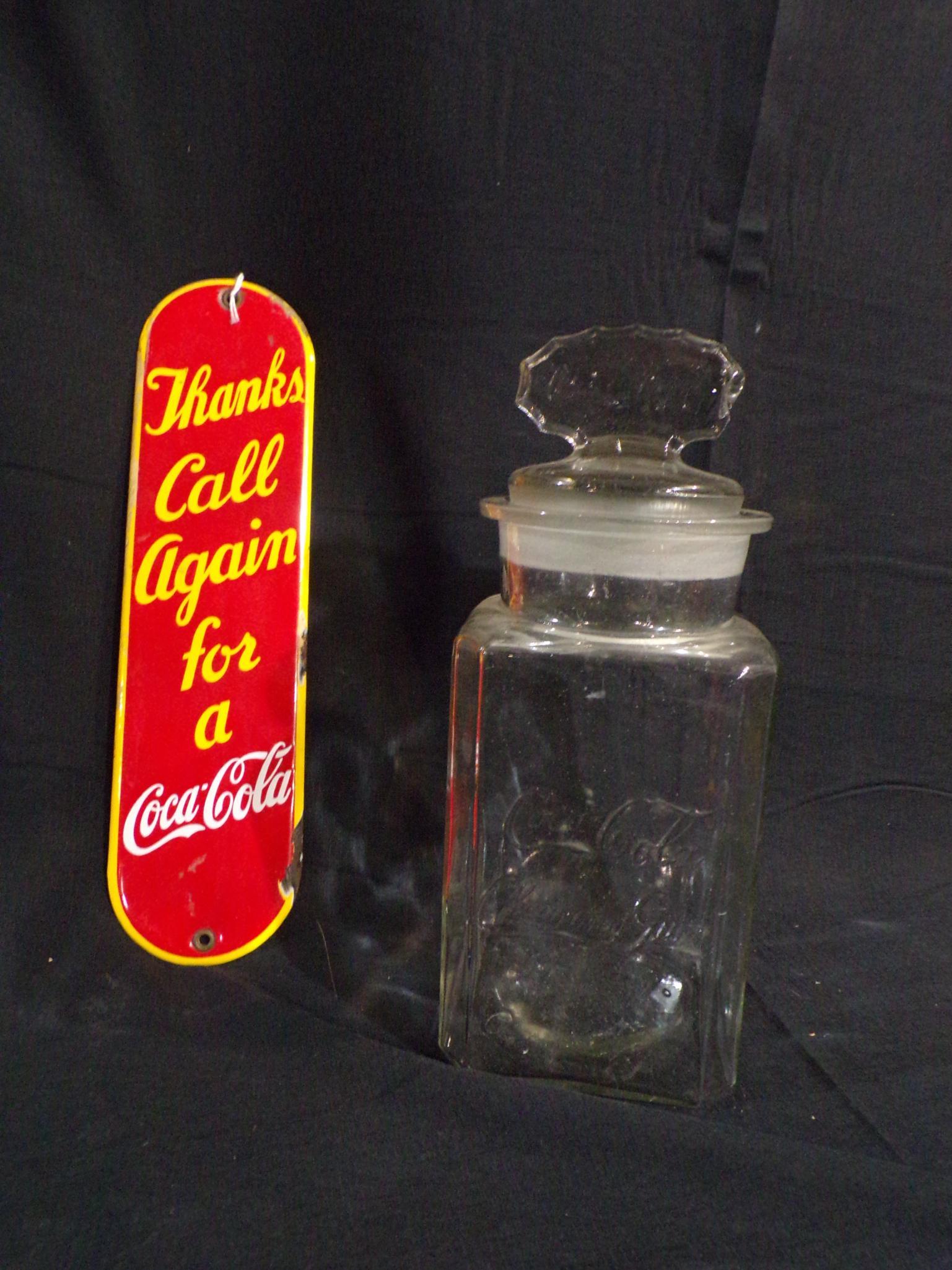 SS PORCELAIN COCA-COLA DOOR PUSH & COCA-COLA COUNTRY STORE GLASS JAR W/ LID (1 of 8)