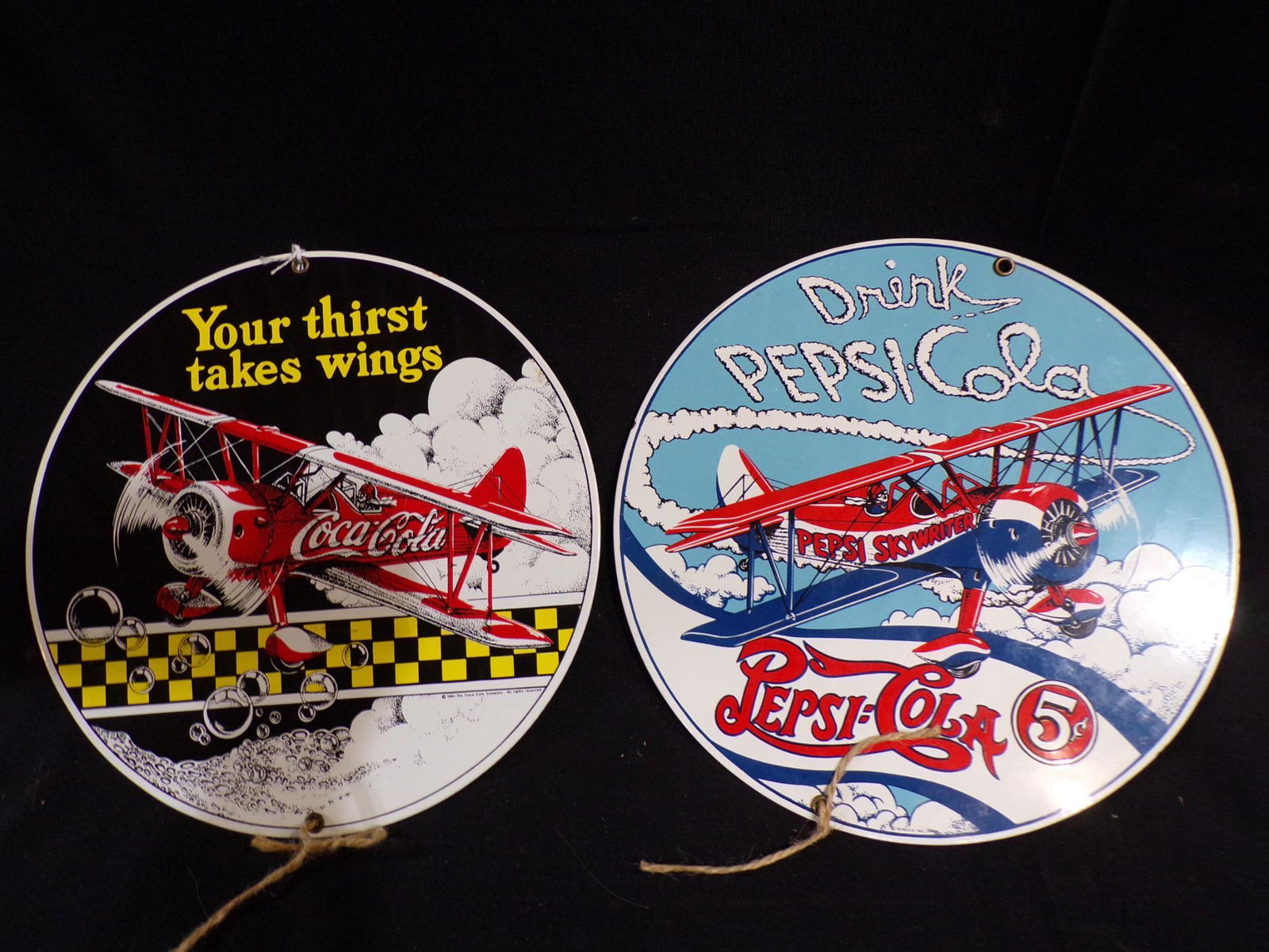 LOT OF 2 SS PORCELAIN ANDY ROONEY SODA SIGNS: 10" D COCA-COLA AND PEPSI COLA