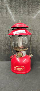 Red Coleman Lantern w/ Pyrex globe: marked 5/65