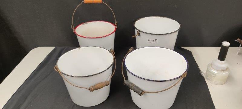 Lot of 4 Granite Pails: Largest is 9 1/2" x 11