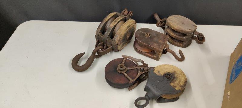 Lot of 5 Wooden Pulleys inc. Ney & Myers (1 of 4)