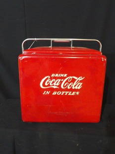 Progress Coca-Cola cooler: With interior Tray. Does have some scuffing and scratches and a few minor dents also a few touch ups but displays very well. 17 1/2 in wide 12in deep 18 1/2 in tall.