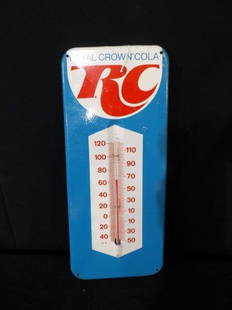 Royal Crown Cola metal thermometer: With wear along bottom Edge what overall is in good condition! Seems to be accurate. 5 3/4 in x 13 1/2 in.