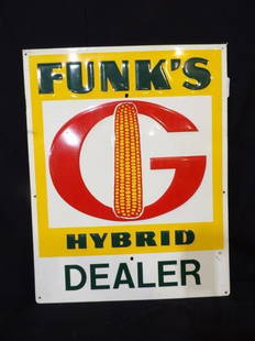 SS Alum. Funk's Hybrid Dealer sign: Single-sided aluminum embossed sign with some scuffing and scratches but displays well. 23 1/4 in x 29 1/2 in.