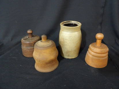 3- Butter molds and small canner Crock: Crock has some chipping on rims otherwise appears to be in good condition. Wooden butter molds all have different patterns, one with cow.