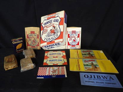 Lot of tobacco advertising: Includes a Yankee Girl cardboard easel back sign in excellent condition, a few small Yankee Girl paper bags, 2 Ojibwa NOS labels, 4 various unopened tobacco bags with contents.