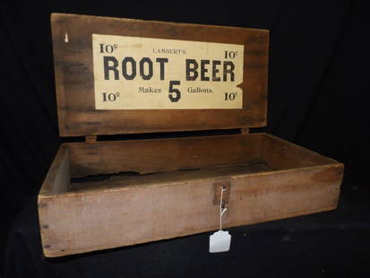 Lambert's Root Beer box: With paper labels on each end of box and inside of lid. Does have rotting along back Edge of bottom. 24 in Long 12 in wide 4 1/2 in tall.