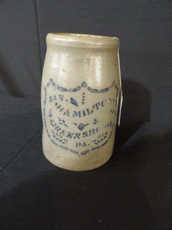 Great Jas. Hamilton "Shield" canner crock: Greensboro, PA. with nice shield design. Does have one very minor Nick on base hardly visible but overall in great condition! 8 in tall.