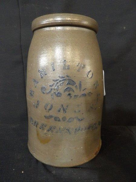 Hamilton & Jones 1 gallon canner Crock: with a chip on rim and a few minor flakes also on rim otherwise in great condition. 10 in tall.
