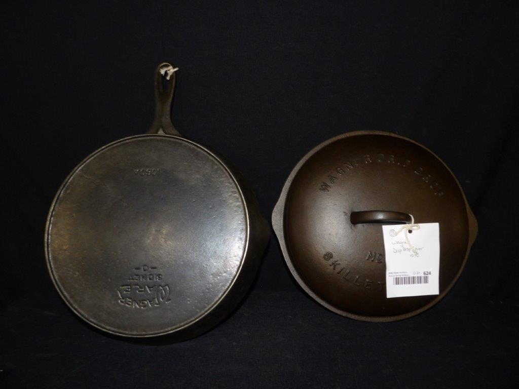 Wagner No. 10 skillet with Drip Drop cover: Shows minor wear but is in great clean condition, Appears to be seasoned and ready to use.
