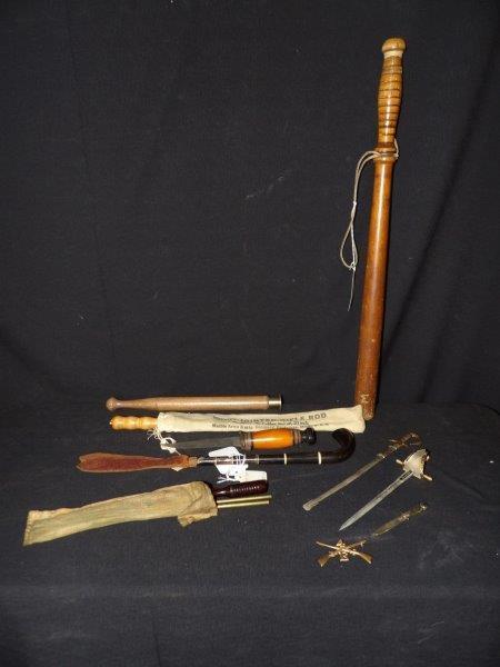 MARBLES RIFLE ROD AND OTHER ASSORTED ITEMS: MARBLES RIFLE ROD AND OTHER RIFLE ROD, 2 BILLY CLUBS, A SMALL KNIFE AND A FEW MINIATURE SWORDS.