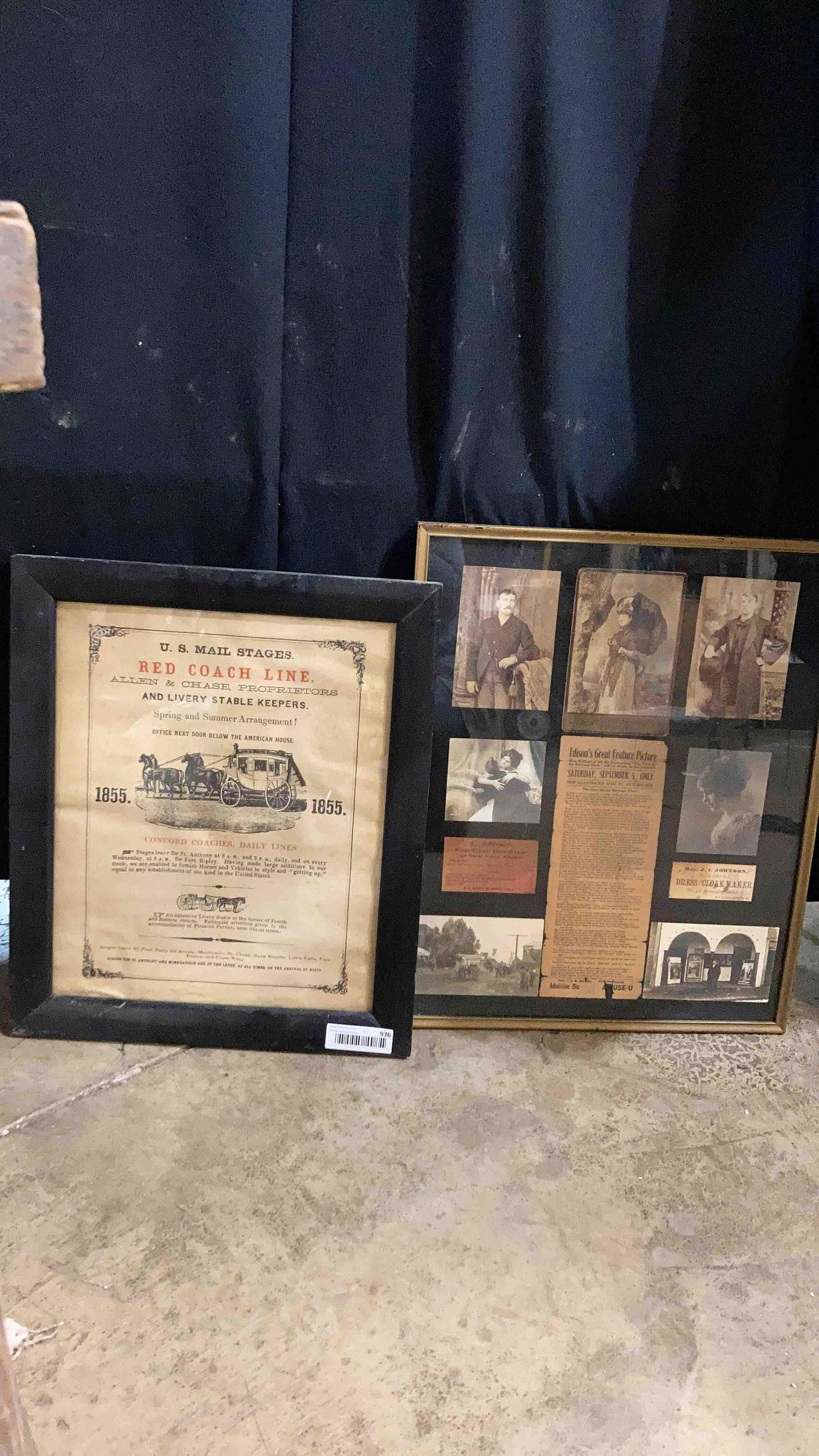 Framed Black and White Photos and Stage Coach Ad: 7 black and white photos along with a flyer from Edisons Great Feature Picture. 20 1/2 x 17. The stage coach flyer as a small amount of water damage along bottom edge and normal dirt and discoloring d