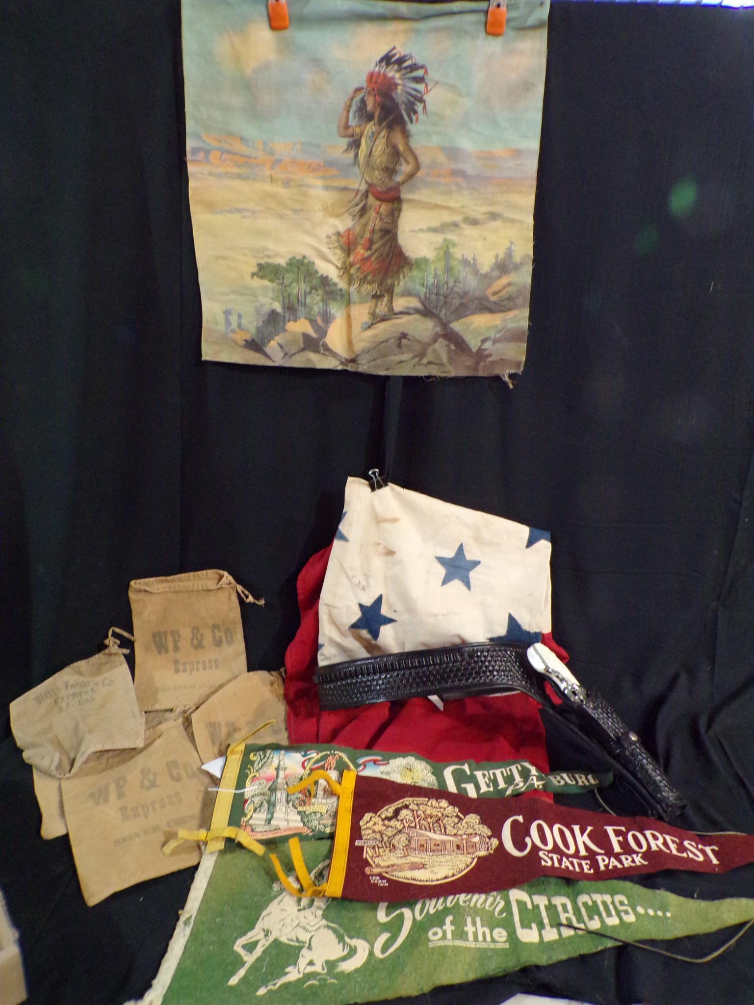 Flags, Holster and Bank Bags: Great souvenir pennants from Gettsyburg, Cooks Forest and more. Wells Fargo Bank bags. Holster with toy cap gun, and Native American painting.