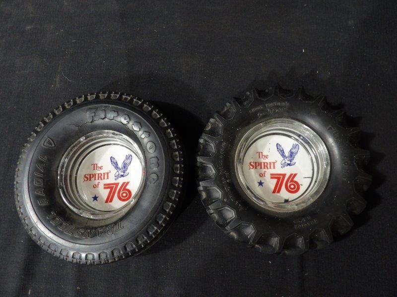Lot of 2 Vintage Firestone Advertising Tire Ashtrays: Good vintage condition with a crack in one tire due to age. 6 1/4" - 6 1/2" D