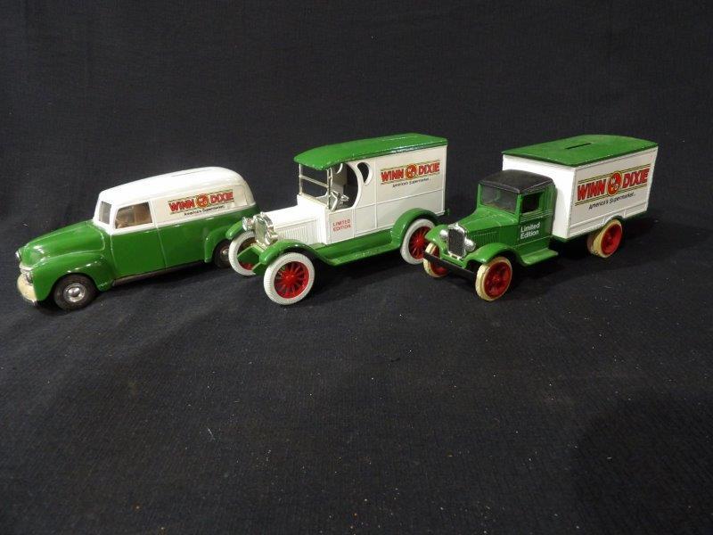 Lot of 3 Ertl Collectible Winn Dixie Advertising Locking Coin Bank Replicas-Limited Edition: Out of box in good vintage condition 1-1931 Hawkeye Limited Edition 7" L 2-1923 Chevrolet Delivery Van Limited Edition 6 1/2" L 3-1950 Chevy Delivery Coupe Limited Edition 7" L