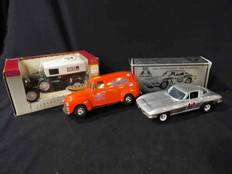 Lot of 3 Advertising Die Cast Replicas Inc. 2 Banks-True Value, Big A Auto Parts & Schneiders Meats: NIB 1-Spec Cast Ford Model A Series True Value Locking Coin Bank 2nd in a Seriesv 1/25 Scale 2-Ertl Schneiders Meats Panel Delivery Van 1/25 Scale 3-Ertl Big A Auto Parts 25th Anniversary 1963 Corv