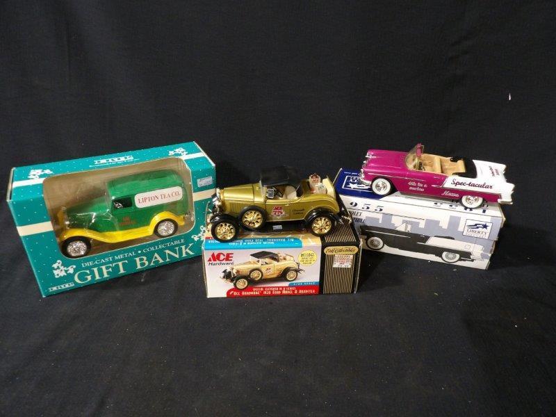 Lot of 3 Ertl & Spec Cast Advertising Locking Coin Bank Replicas-Spectacular News, Ace & Lipton: NIB 1-Spec Cast Spectacular News 4th in a series Subscribers Edition 1955 Chevrolet Convertible 1/25 Scale 2- Ertl Collectibles Ace Hardware 1930 Ford Model A Roadster 11th in a series 1/25 Scale 3