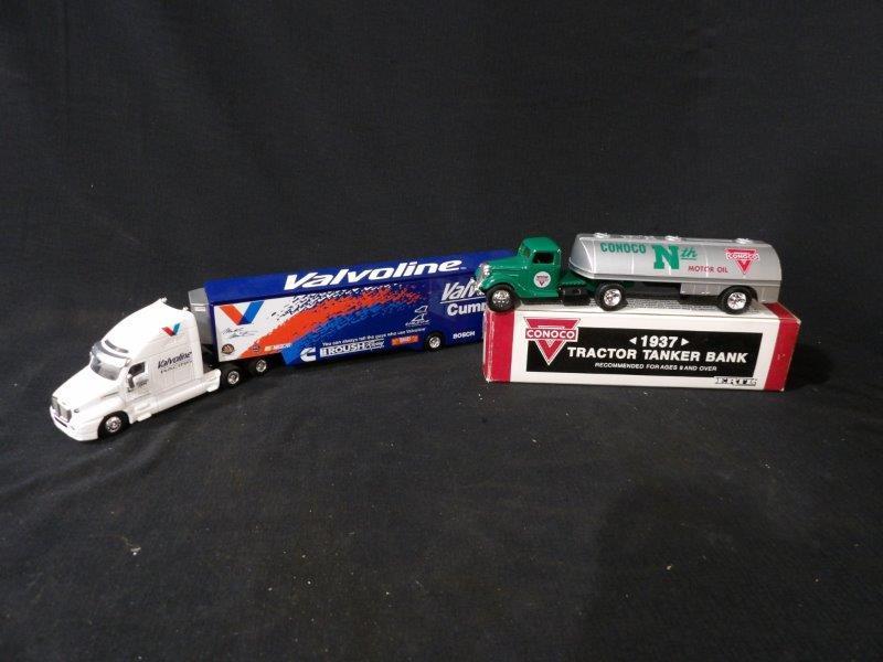 Lot of 2 Advertising Replicas Inc. Hot Wheels Valvoline Truck & Trailer, Ertl Conoco Oil Tanker (1 of 6)