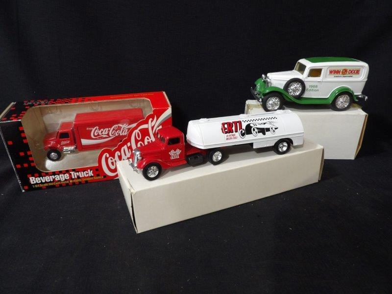 Lot of 3 Ertl Advertising Die Cast Model Replicas Inc. 2 Banks-Coca-Cola, Winn Dixie, Ertl Racing: NIB 1-Ertl Coca-Cola Beverage Truck 1/64 Scale 2-Ertl Hi Octane Racing Fuel Tanker Truck Locking Coin Bank 8 1/4" L 3-Winn Dixie 1932 Ford Delivery Van 1988 Edition 6 1/2" L